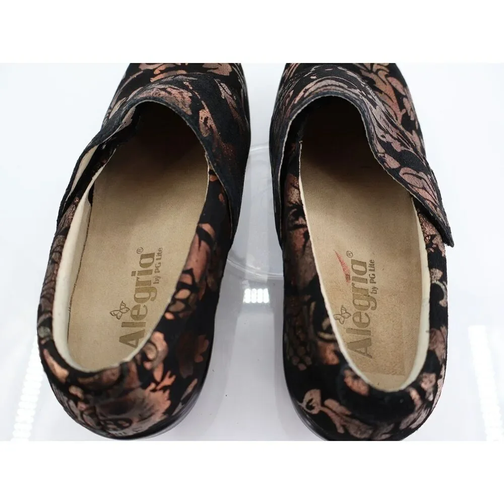 Alegria Women's Lauryn Clog Size 38 8 Slip On Professional Shoe Black Suede Gold